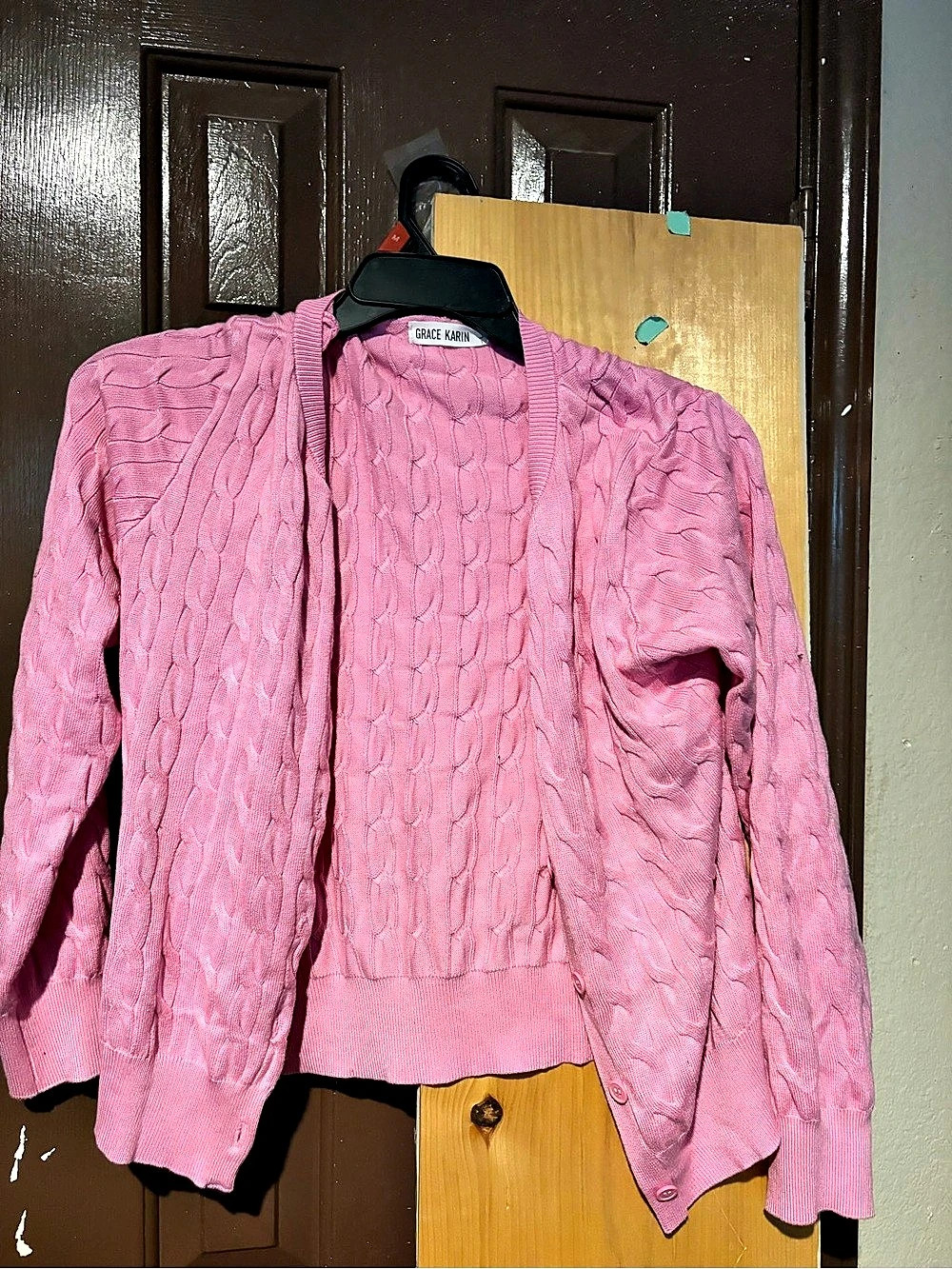 Grace Karin Cable Knit Cardigan in Pink Size Large Like New